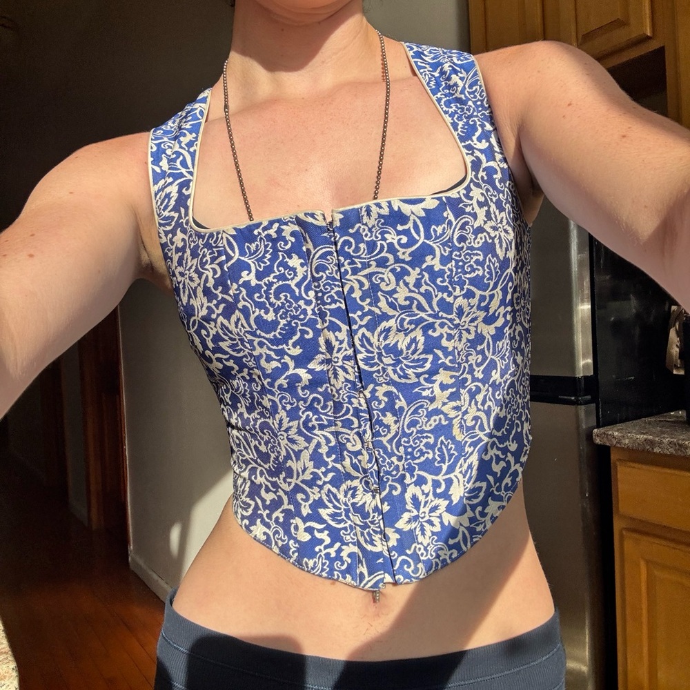 Kim Shui Blue and White Patterned corset bodice top